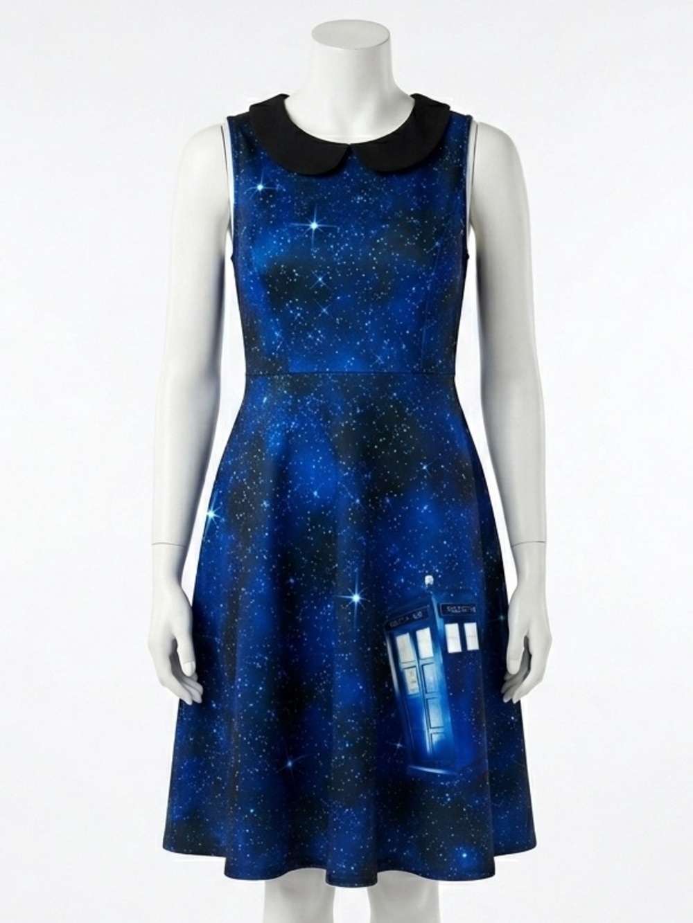 Her Universe Doctor Who TARDIS Blue Galaxy Skater Dress Peter Pan Collar, Size 1